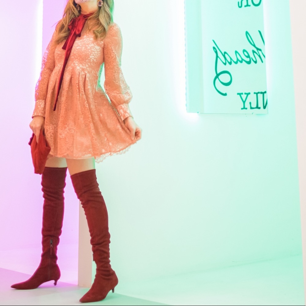 High neck pink lace dress with velvet bow